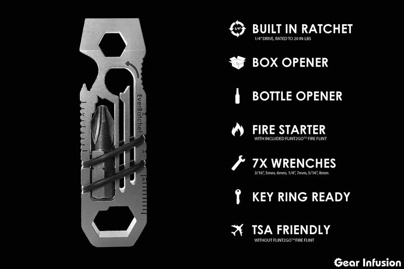 Gear Infusion EverRatchet - EDC Bladeless Keychain Multitool – 17-in-1 tool with Bottle Opener, Screwdriver, Pry Bar, Wrenches & Ratchet (Titanium) Titanium - Original