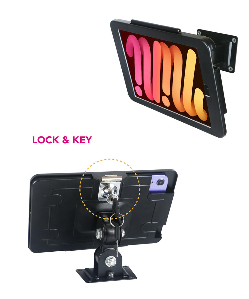 On Wall Mount Bracket Stand for iPad mini 7 A17 Pro 2024/ iPad mini 6 2021 8.3",with Anti Theft Security Lock & Key,Rotate Arbitrary Adjustment,Multi Angle,Metal,(Black)