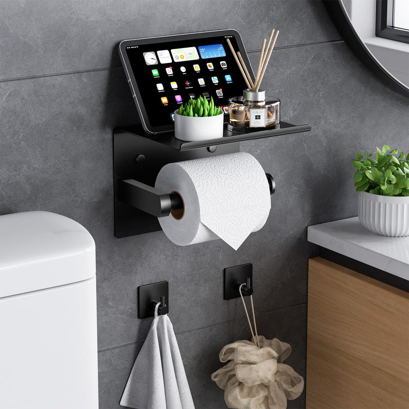 Tindbea Mega Size Toilet Paper Holder with Shelf + Towel Robe Hooks, Adhesive or Screw Wall Mounted Toilet Paper Roll Holder, Stainless Steel Bathroom Hardware Set (Matte Black)… Large Matte Black