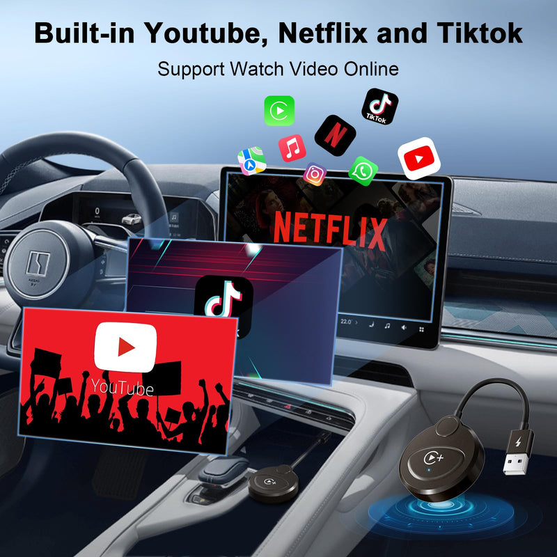 Wireless Carplay Adapter Built in YouTube Netflix,Carplay Wireless for Wired CarPlay to Wireless Support YouTube Netflix Tiktok Video Play,Easy Plug and Play_Black Black