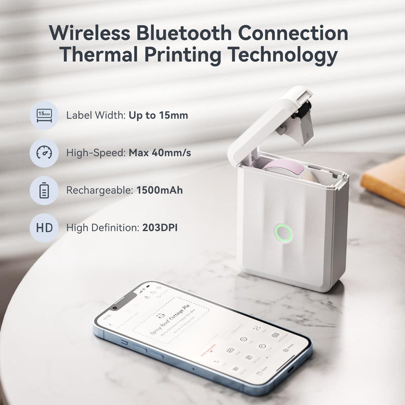 NIIMBOT D110 Upgraded Version Mini Label Maker Machine with Tape, Portable Bluetooth Thermal Printer, Sticker Labeler with Multiple Templates for Office Organization Home Kitchen School, White Printer + 1 Tape