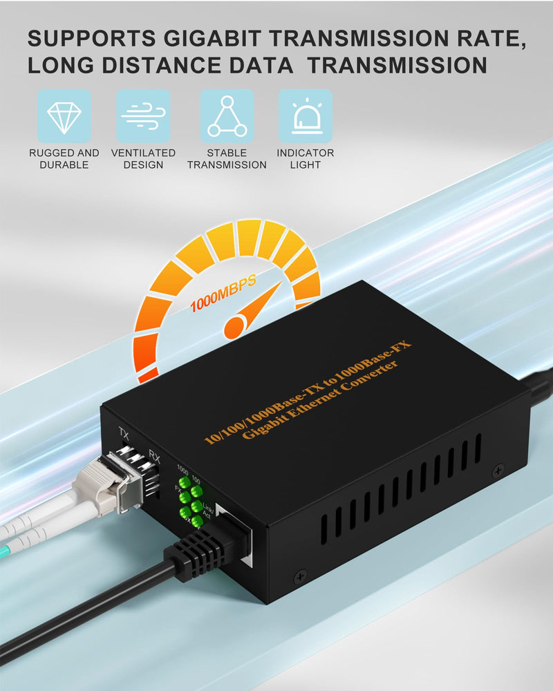 A Pair of Fiber to Ethernet Converter 1.25G/s Gigabit Ethernet Multi-Mode Media Converter with 2 Bidi SFP LC Modules, 10/100/1000Base-Tx to 1000Base-SX RJ45 to SFP Slot, Up to 550M MultiMode LC Dual Port cable as gift