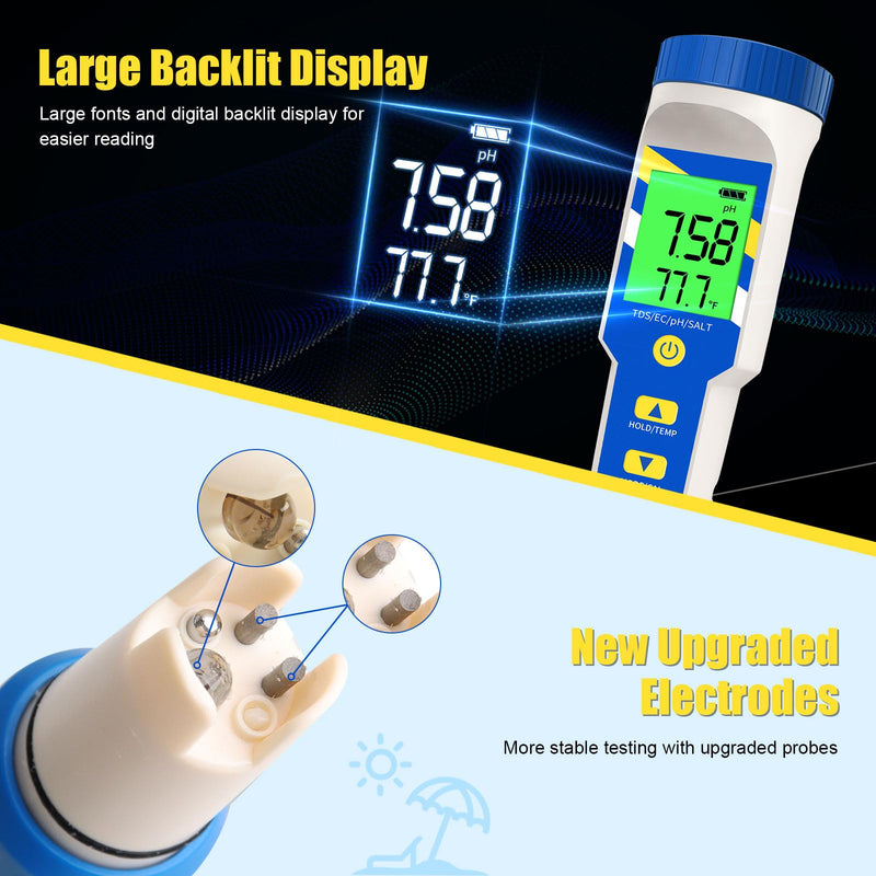 Pool Salt Tester pH Meter, Digital 7 in 1 pH EC TDS Temp Salinity Tester for Saltwater Pool Hot Tubs Spa Aquarium, pH and EC PPM Meter for Nutrients Growing light Blue
