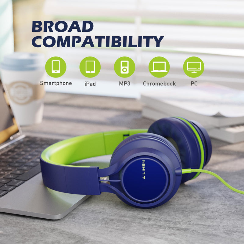 AILIHEN C8 Headphones Wired, On-Ear Headphones with Microphone and Volume Control, Corded 3.5mm Headset for Boys Girl School Smartphones Chromebook Laptop Computer Tablets Airplane Travel (Blue Green) Blue Green