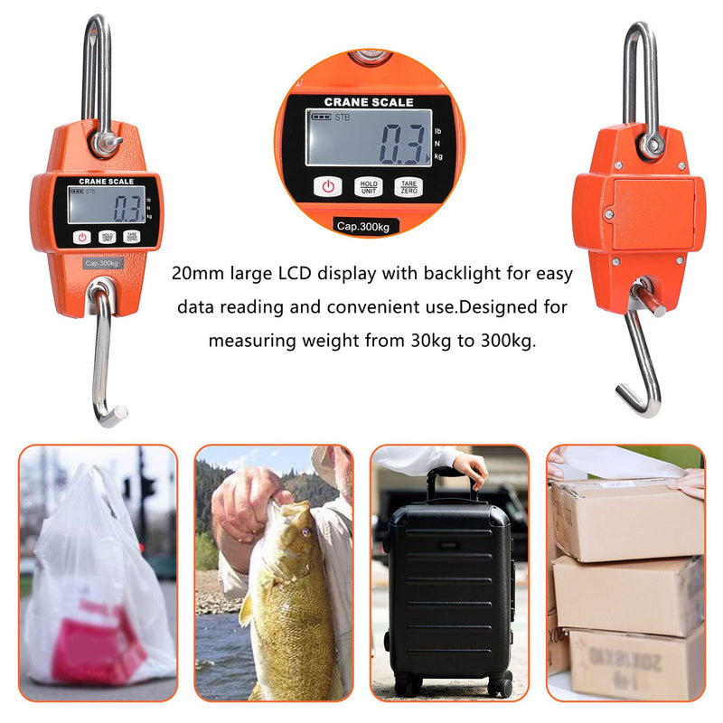 Hanging Scale 300KG 660lbs, Digital Hanging Scale Electronic Crane Scale with Accurate Reloading Spring Sensor & LCD Display, Mini Portable Scale with Hook for Farm, Factory, Hunting