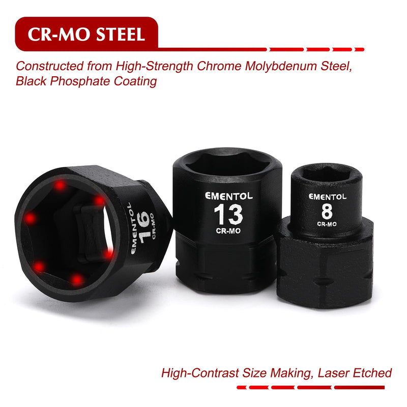EMENTOL 19 Pieces 3/8" Drive Low Profile Nano Impact Socket Set, 6mm-24mm, Metric Stubby sockets, CR-MO 3/8" Drive (6mm-24mm)