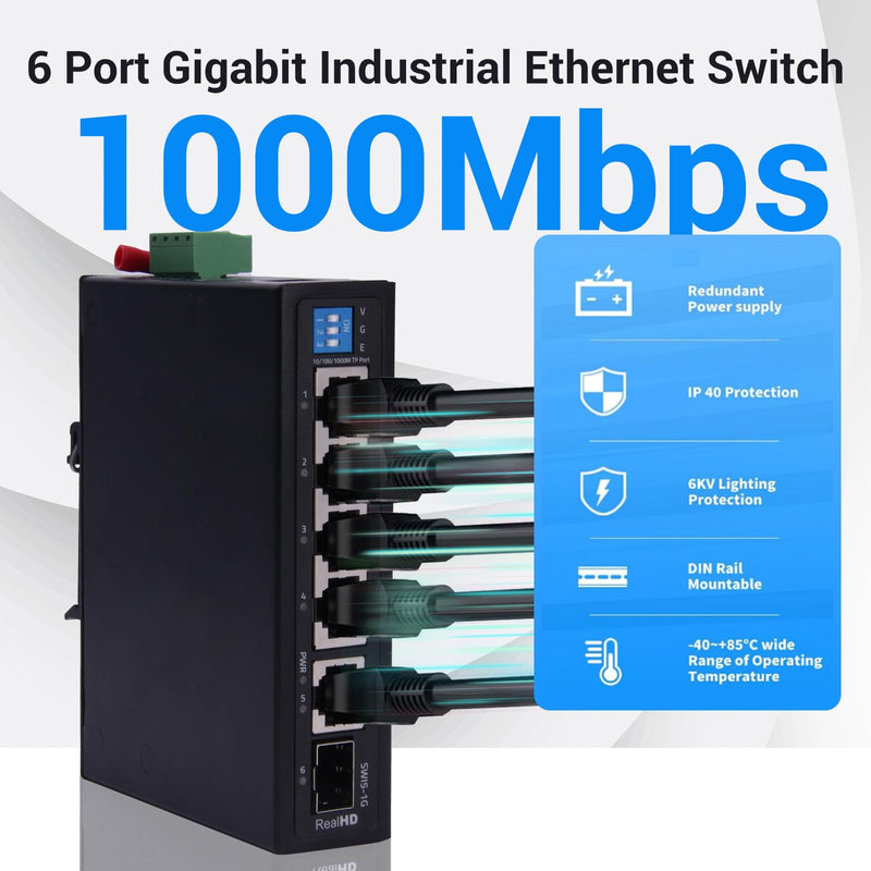 Industrial Ethernet Switch, 6-Port Gigabit Ethernet Switch, 1000Mbps, 4*1 RJ45 Uplink+1 SFP Port, Din Rail & Wall Mountable (-40 to 185 F), 12Gbps Switching Capacity, with UL Power Supply industrial etherent switch 4 port