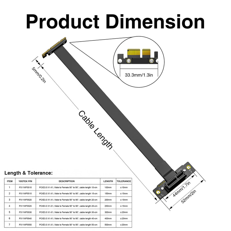 10Gtek PCI-e 3.0 Riser Cable, X1 to X1, M to F, 90° to 90°, PCIe Extender Jumper for Graphics, Cable Length 20 cm, P311MF5520 90° to 90° 1