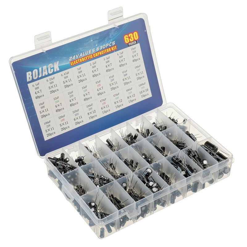 BOJACK 24 worth 630 pieces capacitor electrolytic capacitor assortment kit including model number 0.1uF-1000uF
