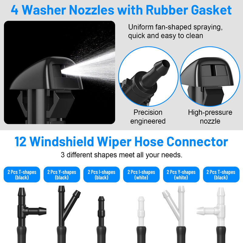 52 In 1 Windshield Washer Nozzles Kit, Replacement for Chrysler, Dodge, Jeep, Ram, Windshield Washer Nozzle Hose Kit with 4 Sprayer Nozzles, 157 Inch Fluid Hose, 12 Hose Connectors, 30 Hood Retainers