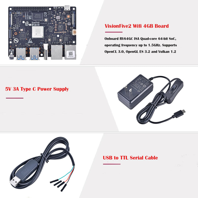 VisionFive2 RISC-V Single Board Computer Starter Kit, StarFive JH7110 Processor with Integrated 3D GPU, 4GB Memory, Without WiFi Module, 1.3B New Version