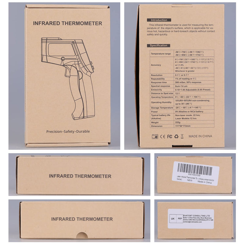 Laser infrared thermometer temperature gun for measuring high temperatures -50°C ~ 950℃, data storage, max/min measurement (not for humans) -50～950℃ gray