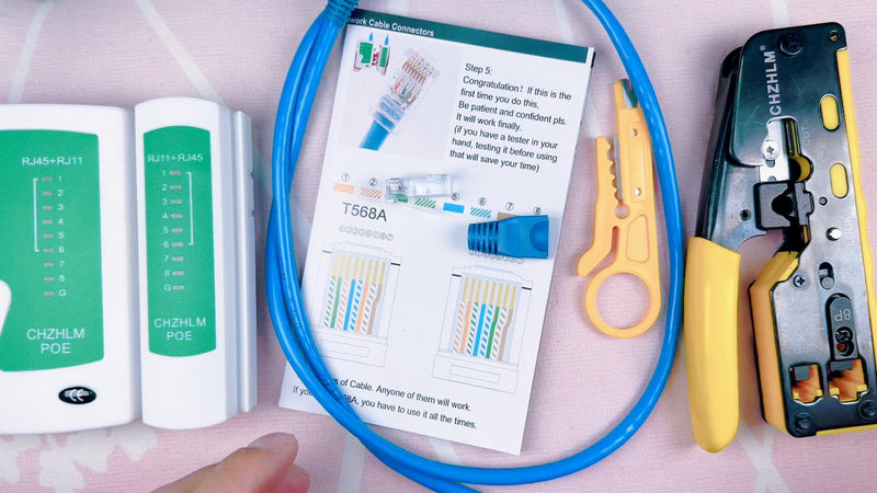 Rj45 Crimp Tool Pass Through Ethernet Crimping Tool kit for 8P-Cat7 Cat6 Cat5 6P Telephone Connector Network Crimp Tool RJ45 Crimper With Cable Tester Covers Connectors Mini Yellow Stripper Cat/5/6/7 RJ45 Crimp Tool Set