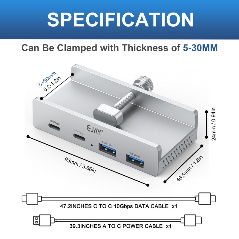 EJAY 4Ports 10Gbps USB-C HUB USB3.2 Clamp USB HUB Splitter,Mountable USB-C Adapter with Data & Power Cable for iMac 2021 and later-10Gbps(Silver) Silver
