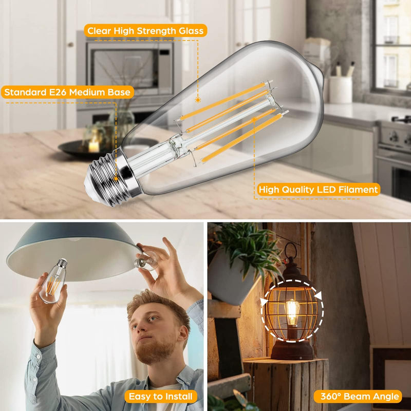 12-Pack Vintage LED Edison Bulbs 100W Equivalent 1400LM High Brightness 8W ST58 LED Filament Light Bulbs 3000K Warm White E26 Medium Base CRI90+ Antique Clear Glass for Home Dinning Room, Non-dimmable 12 Count(Pack of 1)