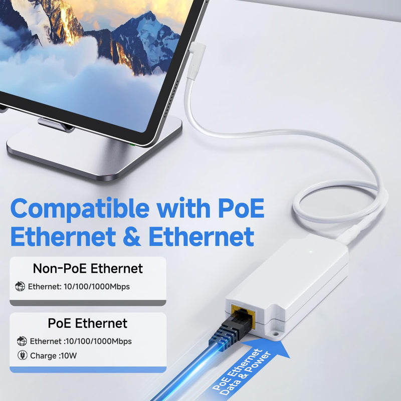 Gigabit PoE to USB C Converter for Smart Phone/Tablet, USB-C to Ethernet Adapter with 10W Charging, Power & Data 2-in-1 RJ45 Port to Type-C Adapter, 10/100/1000Mbps High Speed Plug & Play,IEEE802.3af 2 in 1 (10W)