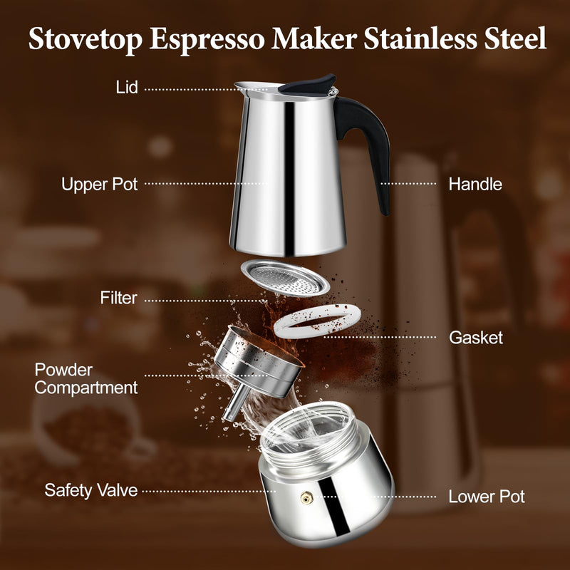 2 Cup Moka Pot Percolator Italian Coffee Maker 100ml Stovetop Espresso Mocha Stainless Steel Greca Coffee Maker Classic Cafe Makers Suitable for Induction Cookers Ceramic Stoves Straight 2 Cup 100ml