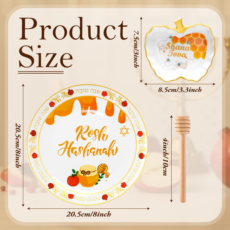 3 Pcs Rosh Hashanah Ceramic Honey Dish Set Decorations Shana Tova Ceramic Apple and Honey Plate with Dish Wooden Dipper Jewish New Year Hostess Party Favors Kitchen Accessories Table Decorations