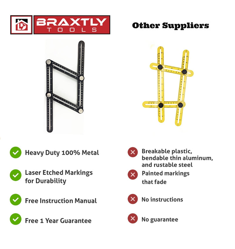 Braxtly Tools™Easy Angle-ER Heavy Duty Template Tool - Ultimate Multi Angle Ruler - for Measuring Angles - Made of Premium Metal Alloy- Adjustable Knobs for Precise Measurement- w/Instruction Manual