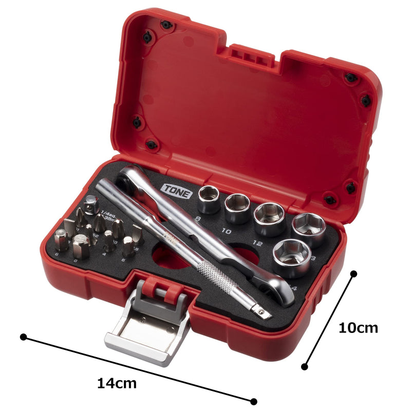 TONE Socket Wrench Bit Set MIX21620P 1/4" Inch Drive & 1/4" Hex Shank Bit Red 18-Piece Plastic case