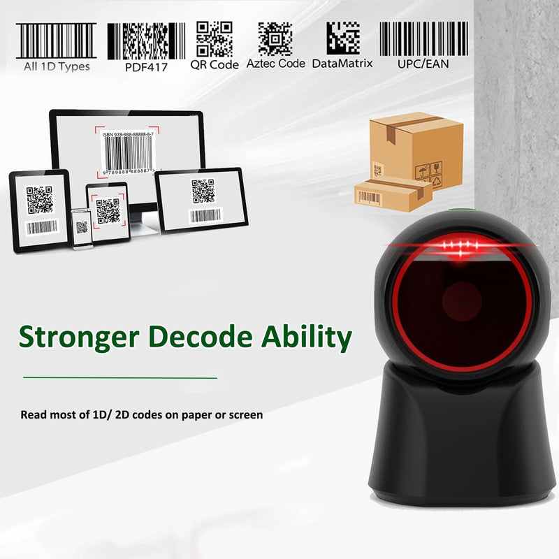 1D 2D Barcode Scanner Desktop, USB Wired Handsfree QR Scanner, Omnidirectional Bar Code Reader Support Screen Code Scanning for POS PC Supermarket Library Retail Bookstore