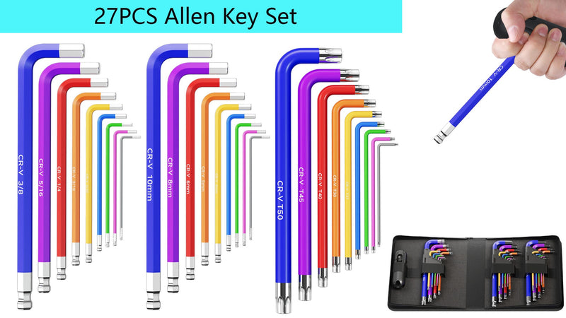 27 PCS Hex Key Set, Color-Coded, Chrome Vanadium Steel, Ideal for DIY Repairs of Bikes, Furniture, Electronics, Machinery, Cars, Motorcycles and Toys 27 PCS Set