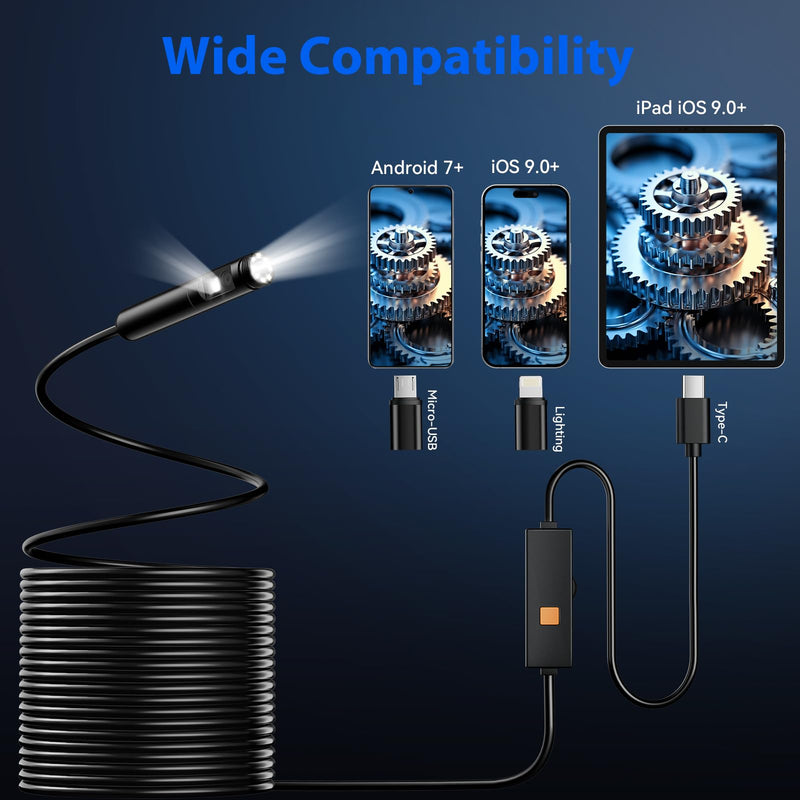 Endoscope Camera with Light, Dual-Lens 1920P HD Borescope Tools with 8+1 Adjustable LED Lights, 32.8FT Semi-Rigid Snake Cord IP67 Waterproof Inspection Camera for iPhone, iPad, iOS and Android Phone Dual Lens