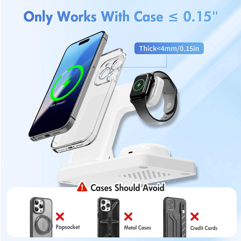 Wireless Charging Station for Apple Devices: 3 in 1 Foldable Qi Compact Case-Friendly Charger Stand for iPhone 16-12 & Apple Watch & AirPods Charging Dock for Travel Home Office Desk Nightstand(White) White 1