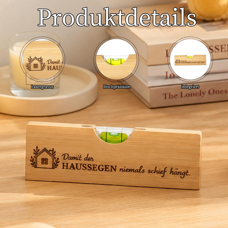 Housewarming Gifts Home, Spirit Level with Bottle Opener Made of Bamboo Wood | Practical topping party gift and new home gift made of bamboo. Includes elegant envelope with yellow bow