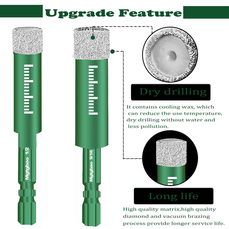 6pc 5/8” Green Dry Diamond Drill Bits Set, 16mm Hex Shank Core Drill Bit Brazed with Cooling Wax for Porcelain Tile Ceramic Concrete Granite Marble Hard Materials (not for Wood). 5/8 in 6