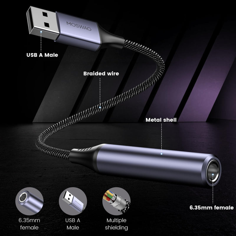 MOSWAG USB to 1/4 Jack Audio Adapter, USB to 6.35mm Female Headphone Aux Adapter with External Sound Card Compatible with Laptop, PC, Amplifier, Speaker, 6.35mm Headphone (NOT for Recording and Mic) 10 Inch/25 CM Black