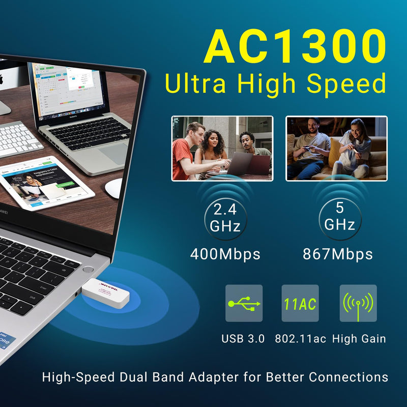 YINUO-LINK AC1300 USB WiFi Adapter for PC, Wireless Network Adapter for Desktop with Dual Band 2.4GHz/400Mbps 5GHz/867Mbps for Laptop Computer, Supports Win11/10/8.1/8/7/XP