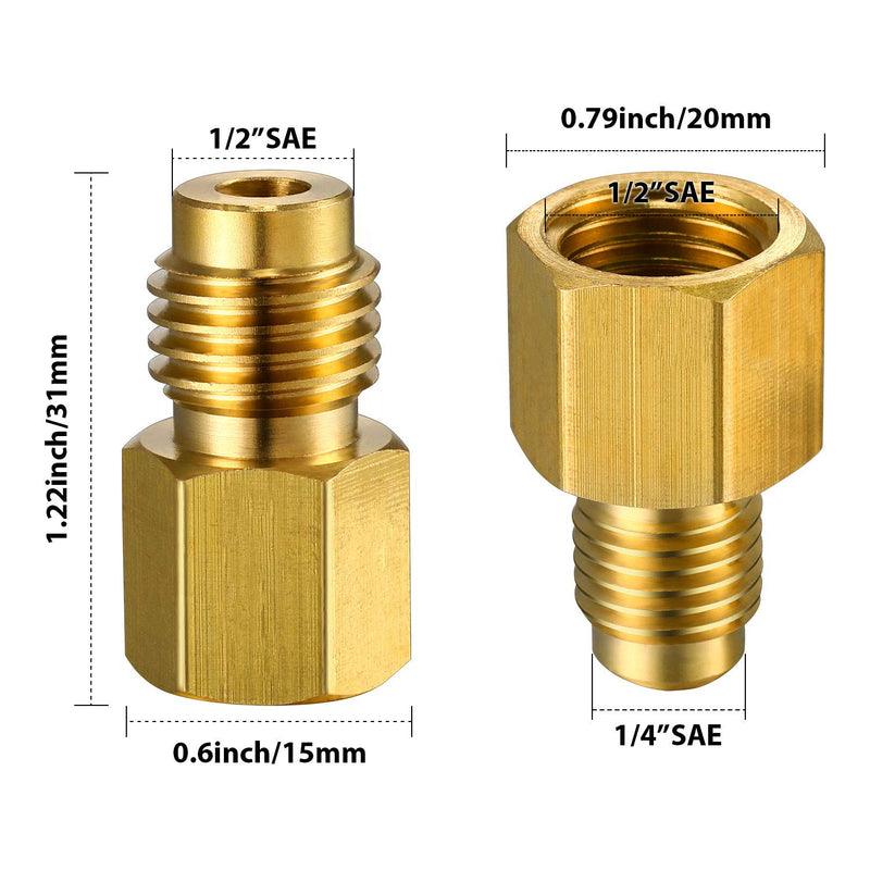 6 Pieces 6015 R134A Brass Refrigerant Tank Adapter to R12 Fitting Adapter 1/2 Female to 1/4 Male Flare Adaptor Valve Core and 6014 Vacuum Pump Adapter 1/4 Inch Flare Female to 1/2 Inch Male