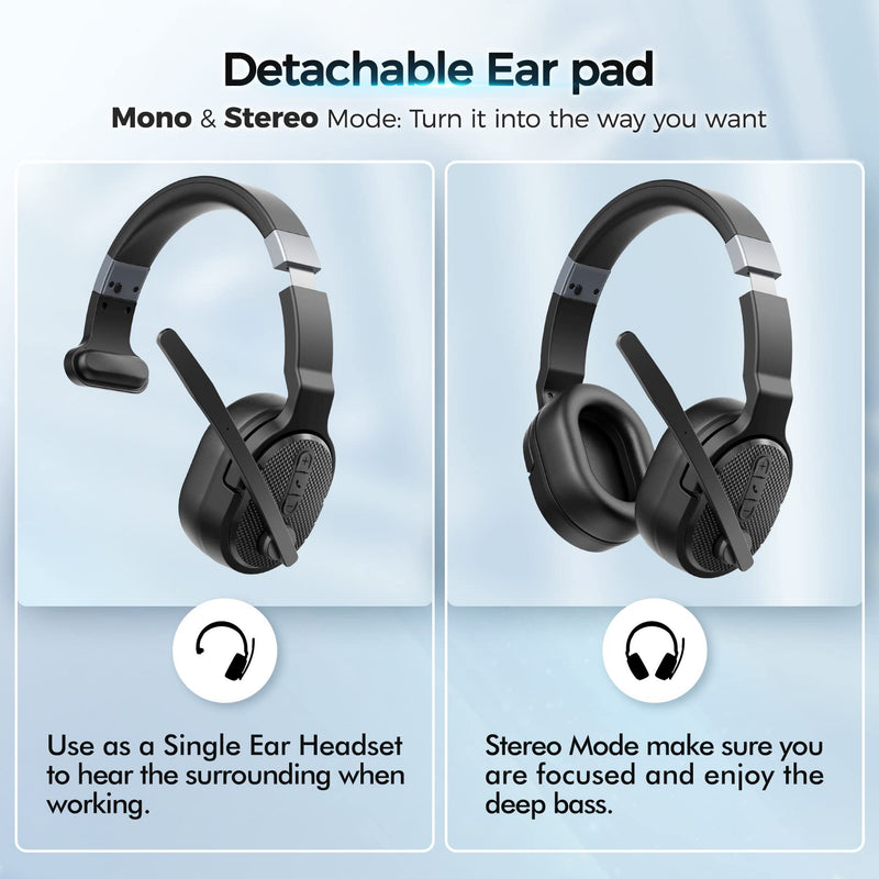 Trucker Bluetooth Headset with Dongle, Wireless Headsets with Noise Cancelling Microphone, 50+Hrs HD Talktime Bluetooth Headphones with Detachable Earpad/Single+Dual Mode for Office/Driving Black-Dongle