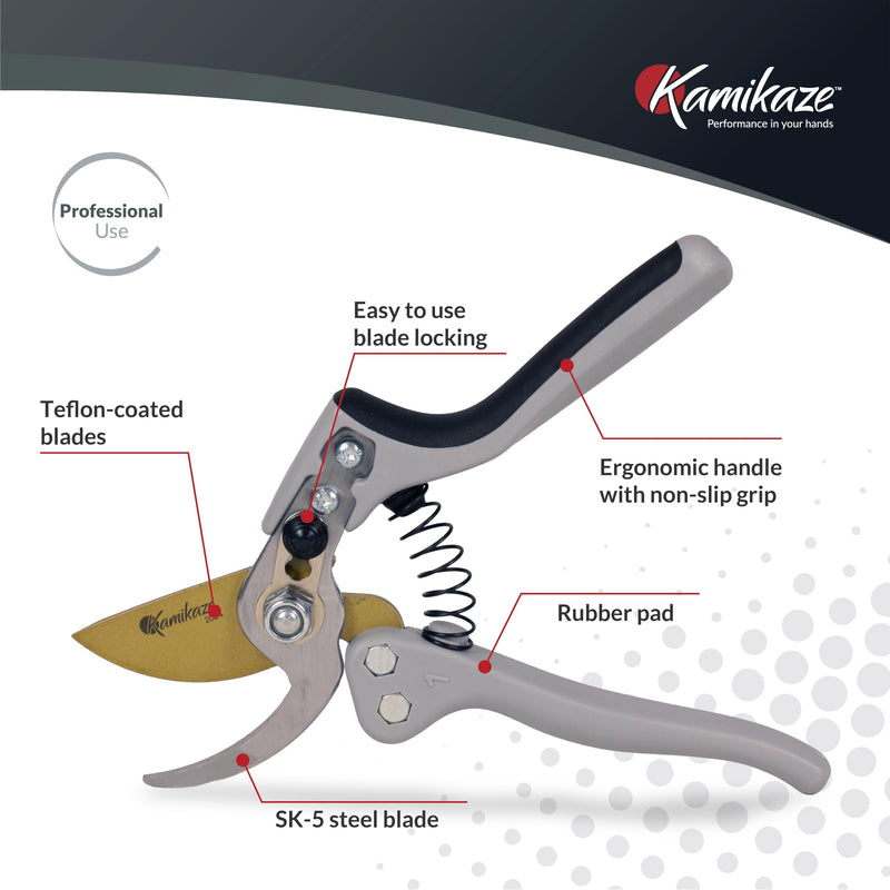 KAMIKAZE Heavy-Duty Professional Pruning Shears for Gardening, Ergonomic Comfort Handle, SK5 High-Carbon Steel Bypass Blade, Cuts Branches Up to 1 Inch, Garden Clippers for Tree and Shrub Trimming Grey