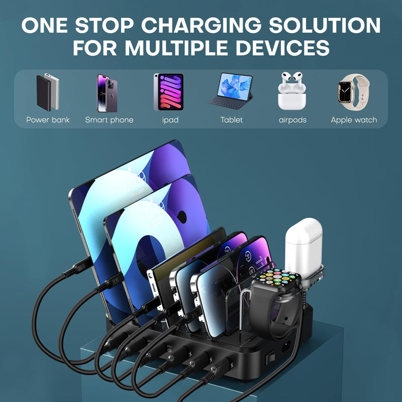 Charging Station for Multiple Devices,75W 6 Port Charger Station with 3 PD 20W USB C Fast Charging Ports,7 Charging Cables,USB C Charging Dock for iPhone iPad,Tablets Android Black