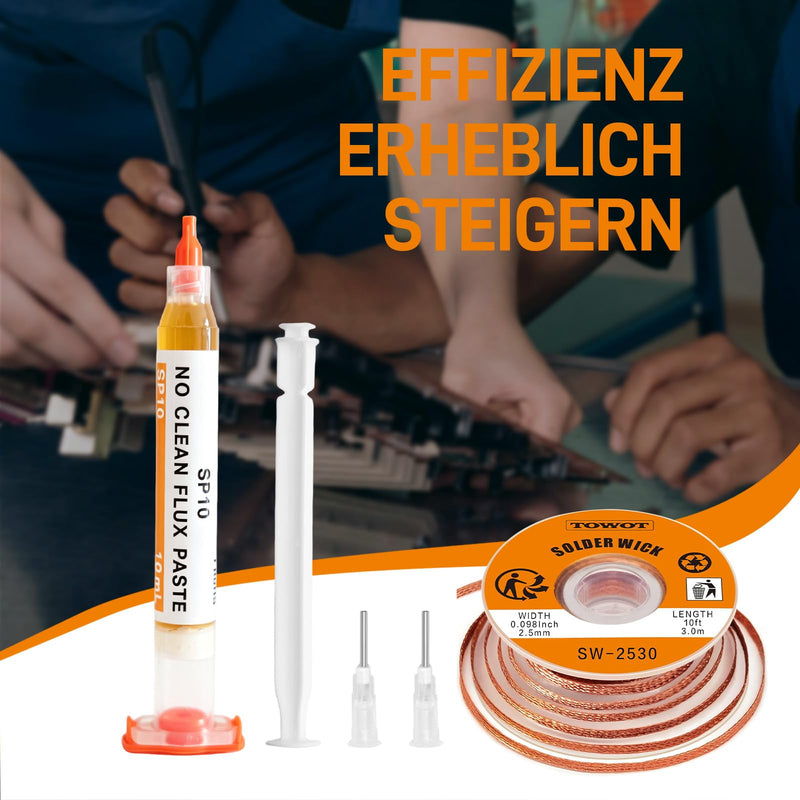 TOWOT 10ft Desoldering Braid & No-Clean Soldering Aid (10cc) - Desoldering Kit for Electronics Repair and PCB Rework Desoldering braid & soldering aid