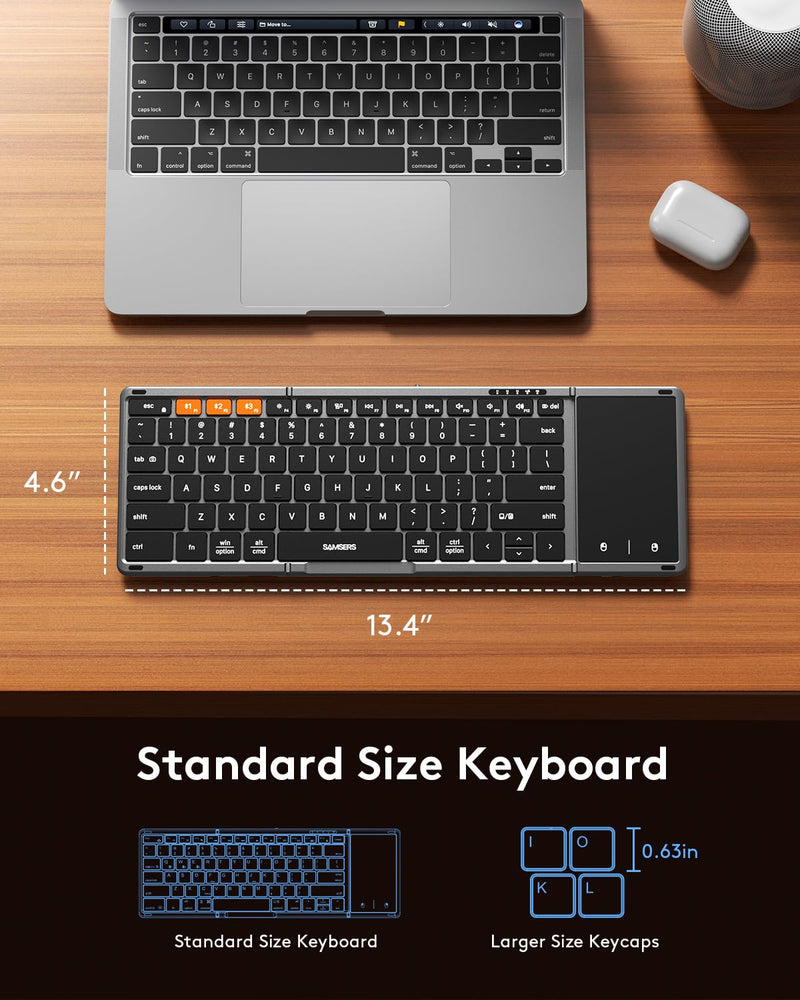 Samsers Foldable Bluetooth Keyboard with Touchpad, Full-Size Wireless Folding Keyboard with PU Leather, Portable Travel Keyboard for iOS Android Windows Mac OS, Support 3 Devices (BT5.1 x 3) Space Gray