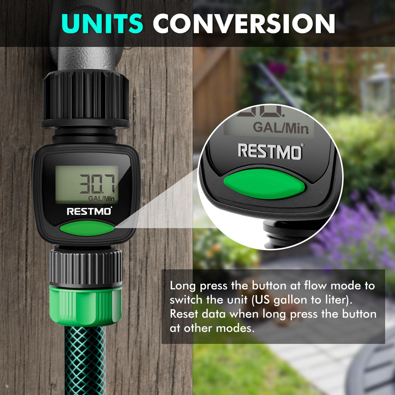 RESTMO Water Flow Meter, High Measure Accuracy, Measure Gallon/Liter Consumption and Flow Rate for Outdoor Garden Hose Watering, RV Water Tank Filling, Lawn Sprinkler and Nozzle Sprayer 1 Pack
