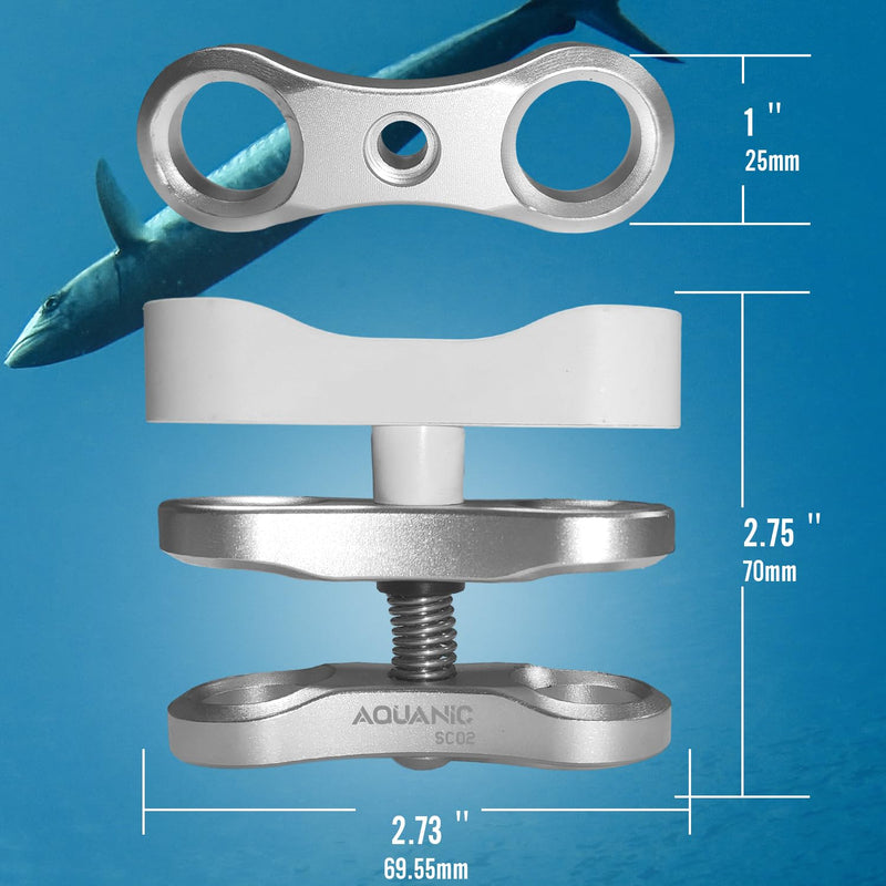 2PCS 1'' Standard Ball Clamp Mount,360°Clip Adapter Bracket for Underwater Diving Light Arm Tray System Photography Diving Camera Action Camera Flashlight Arms System,Silvery and White