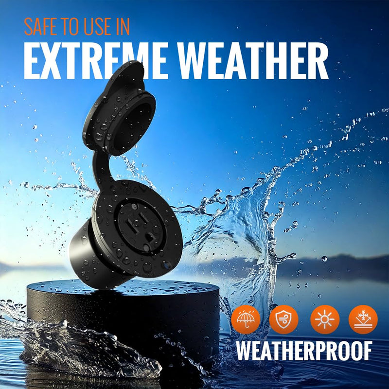 10 Foot 15A Weatherproof Outdoor Power Outlet by Journeyman-Pro 15 Amp 110/120 Volt 5-15R Receptacle Kit with Integrated (10' FT) 120" Extension Cord + Waterproof Rubber Cover (Black) BLACK