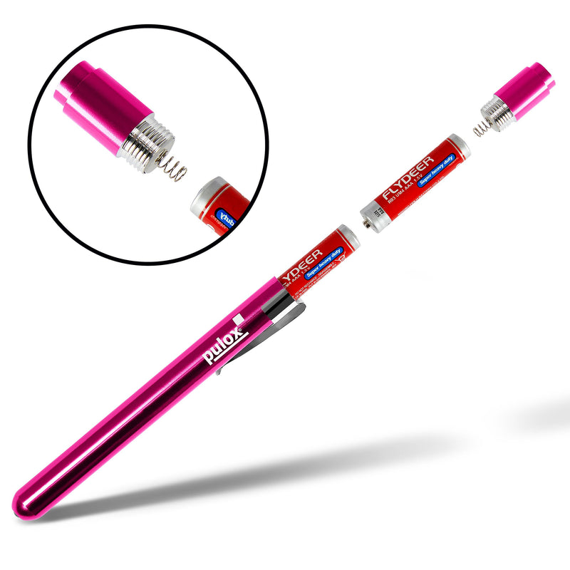 Pulox Diagnostic Light Pink LED Penlight with Measuring Scale + Batteries | Medical pupil light made of aluminium, diagnostic pen lamp for practice, clinic and training