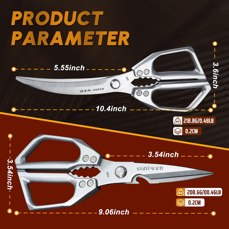 HUUSK Kitchen Scissors Set Silver - Stainless Steel Kitchen Shear, Sharp Meat Scissors Dishwasher Safe, Heavy Duty Poultry Shears, Japanese Cooking Scissor for Food, Chicken Bones, and Turkey