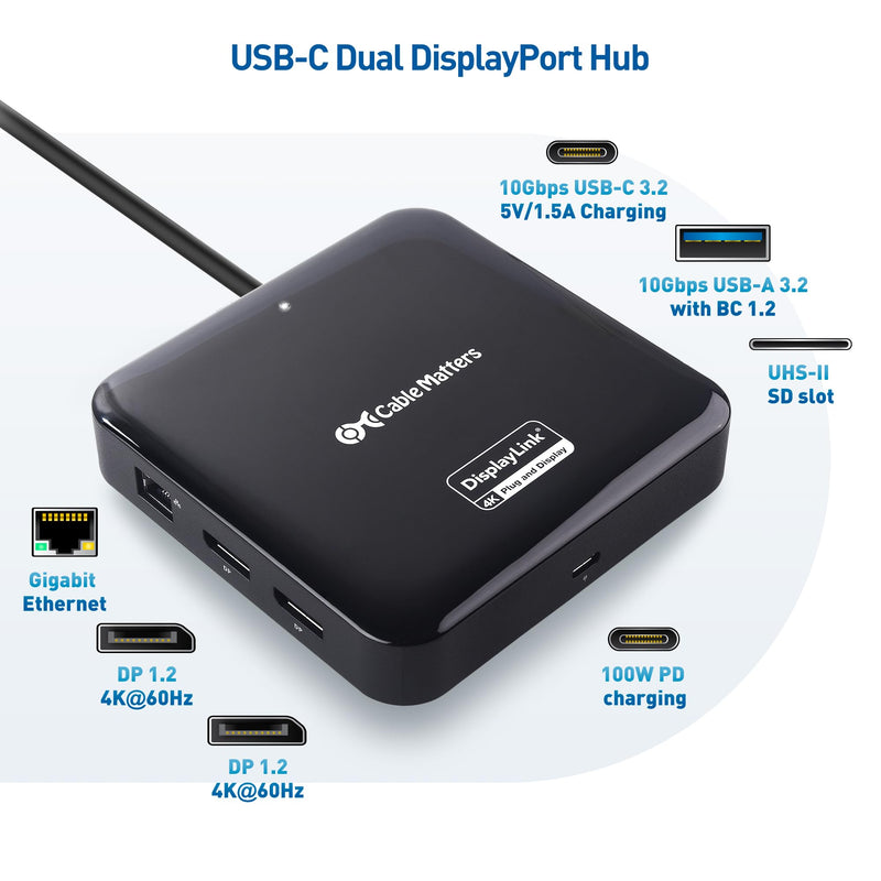 Cable Matters 7-in-1 Dual 4K 60Hz USB C DisplayLink Dock (DisplayLink Docking Station) with 2x DisplayPort, Gigabit Ethernet, 10Gbps USB, SD Reader,100W PD for MacBook All M1,M2,M3,M4 Models & Windows