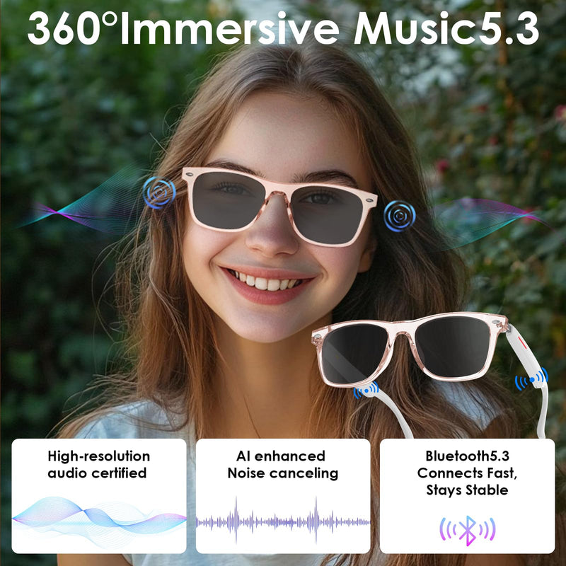 Ai Smart Sunglasses, Translation Glasses with UV400/ Bluetooth Speaker/110+Languages/Voice Control/AI Chat & Hands-Free Calling,Smart Glasses for Men/Women, Travel&Work(Pink)