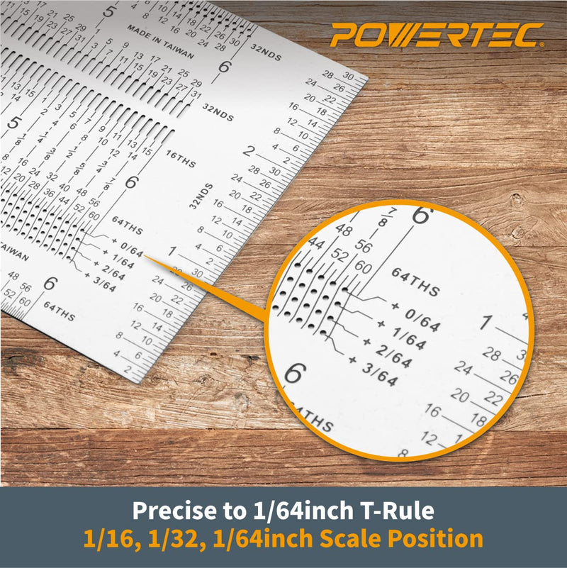 POWERTEC 12'' Precision Marking T-Square, T Rule w/Pencil for Measuring, Scribing, Setting Up Bits Height, Stainless Steel Woodworking & Crafting Marking Tools for Drill Press, Table Saw 80028 12" T Square