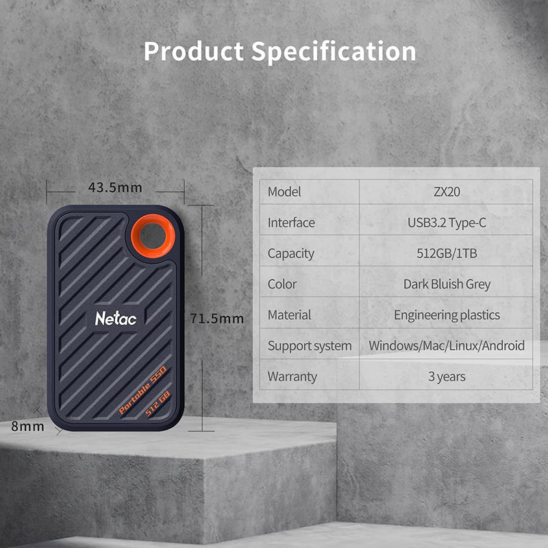 Netac 512GB Extreme Portable SSD External Solid State Drives Up to 2000MB/s Read 1700MB/s Write Speed, USB 3.2 Gen.2 Business Travel Essential Supports Win to Go Dust-Resistant ZX20