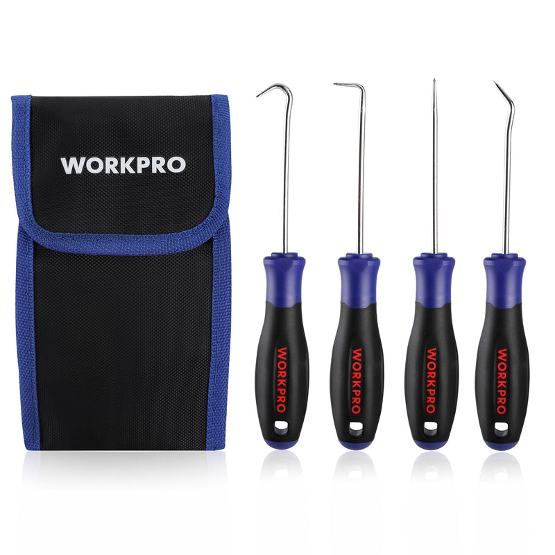 WORKPRO 4-Piece Precision Pick and Hook Set with Pouch, Angled Pick, Straight Pick, 90-degree Pick, Full Hook, Mini Pick Set Mechanic, Remove Small Fuses, Wire Plugs and "O" Rings, Gunsmith Tools