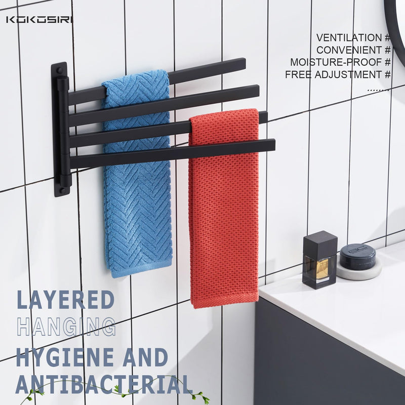 KOKOSIRI Bathroom Towel Bars Swivel Towel Rails Matte Black Swing Out Hand Towel Holder 4-Arm for Bath Kitchen Wall Stainless Steel B5007BK-A4 4-Bar