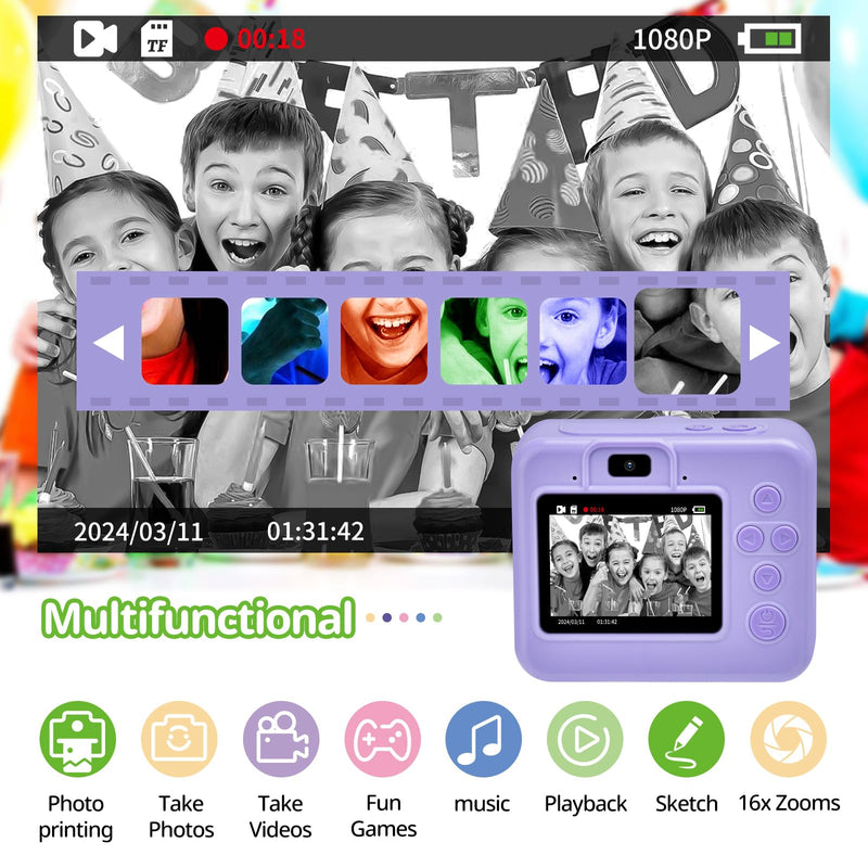 Kids Camera Instant Print Portable Dual-Lens Selfie Cameras with Print Paper & 32G Card, Photo 1080P HD Toddler Digital Printing Camera for 4 5 6 7 8 9 10 Years Old Girls Boys, Purple